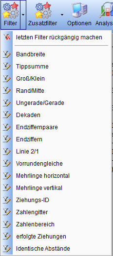 Menü "Filter" mit den Filtern wie z.B. Bandbreite, Tippsumme, Groß/klein, Rand/Mitte, usw.