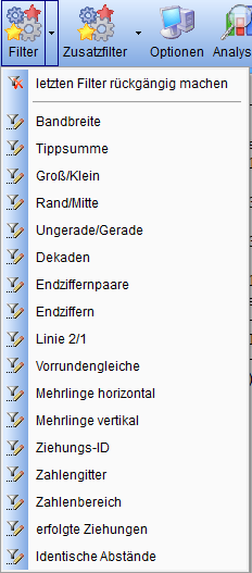 Menü "Filter" mit den Filtern Bandbreite, Tippsumme, Groß/Klein, Rand/Mitte, Ungerade/Gerade uvm.