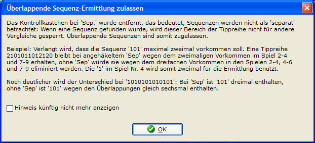 Info, dass man nun die überlappende Sequenzfilterung zugelassen hat