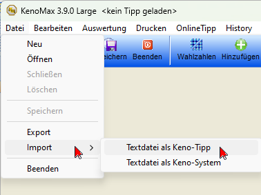 Das Menü "Datei" mit allen Funktionen wird eingeblendet. Dort kommt eine Auswahl zutage, wenn man mit der Maus auf Import fährt