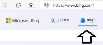 Nach dem Aufruf der Suchmaschine BING erscheint u.a. die Auswahl "CHAT" - künstliche Intelligenz soll anworten