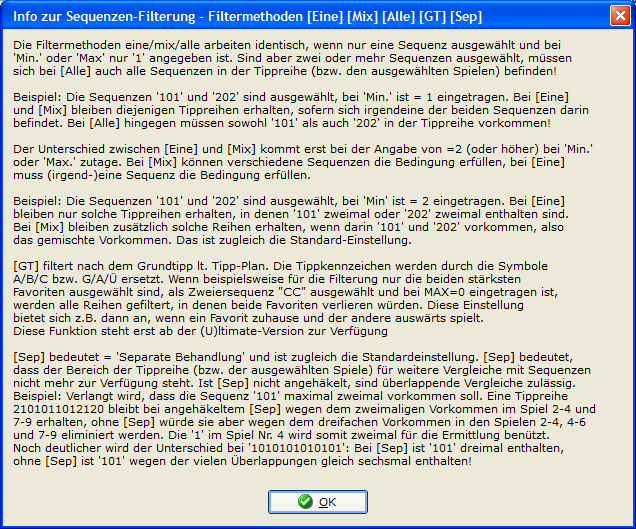 Info-Text mit der Beschreibung zur Sequenzen-Normalfilterung, Gruppenfilterung und zur Separierung