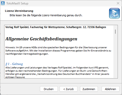 Allgemeine Geschäftsbedingungen bei der Installation von TotoMaxIII