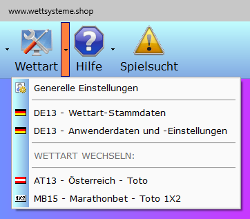 Das Untermenü Wettart enthält nur die Wettarten, die man in den generellen Einstellungen ausgewählt hat