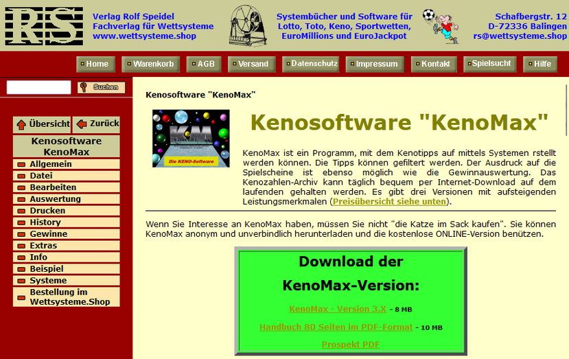 Hardcopy von der Website www.wettsysteme.de mit dem Kapitelbeginn für "KenoMax"