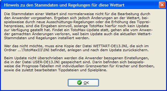 Hinweis beim Aufruf der Wettart-Stammdatendatei