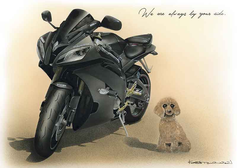 バイクとペットの犬を描いたイラスト