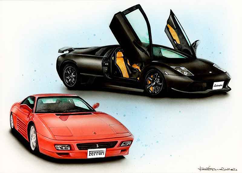 フェラーリとランボルギーニ プロのイラストレータが描くリアルな手描きイラストです