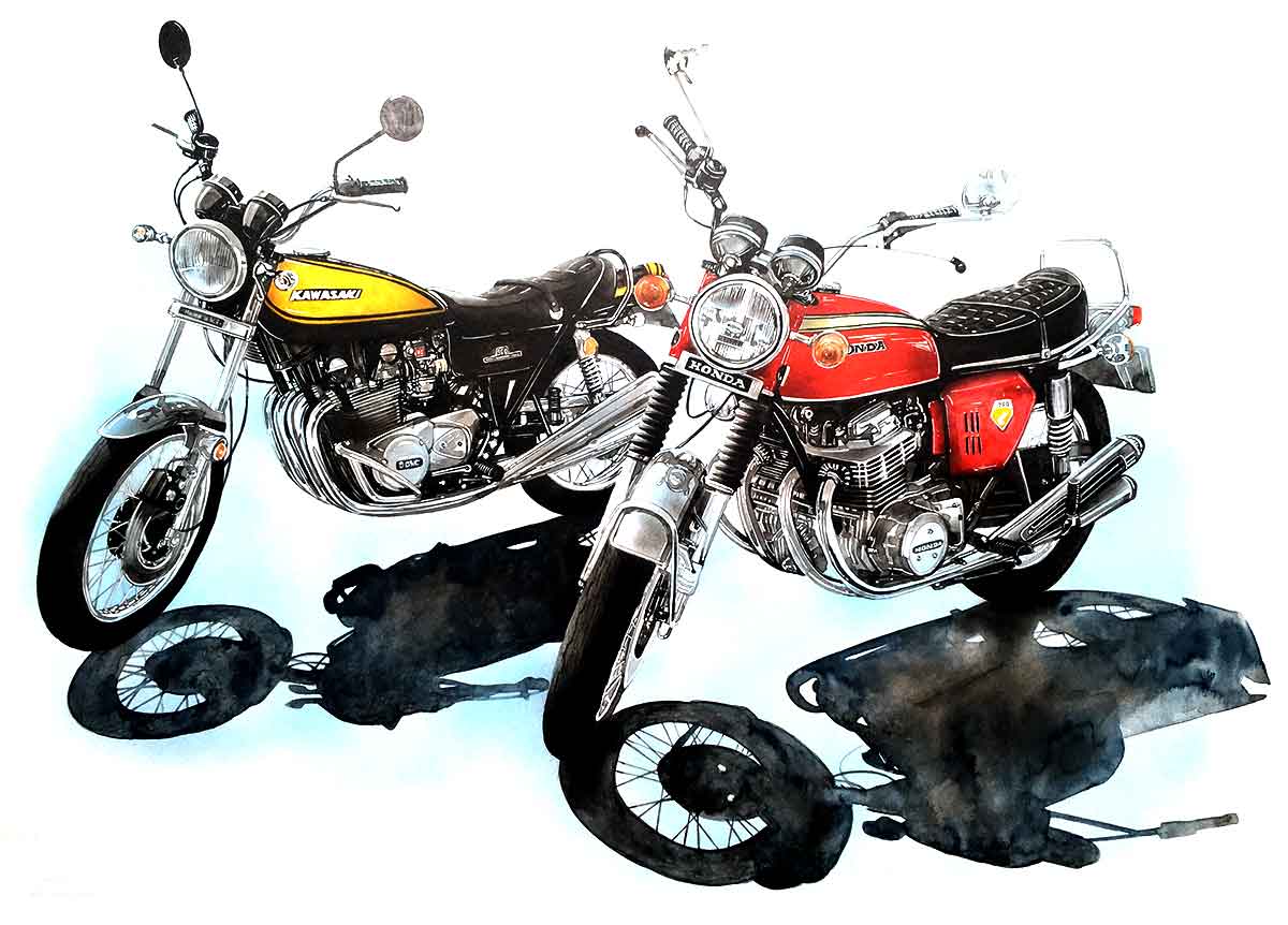 旧車2台を描いたバイク絵イラスト