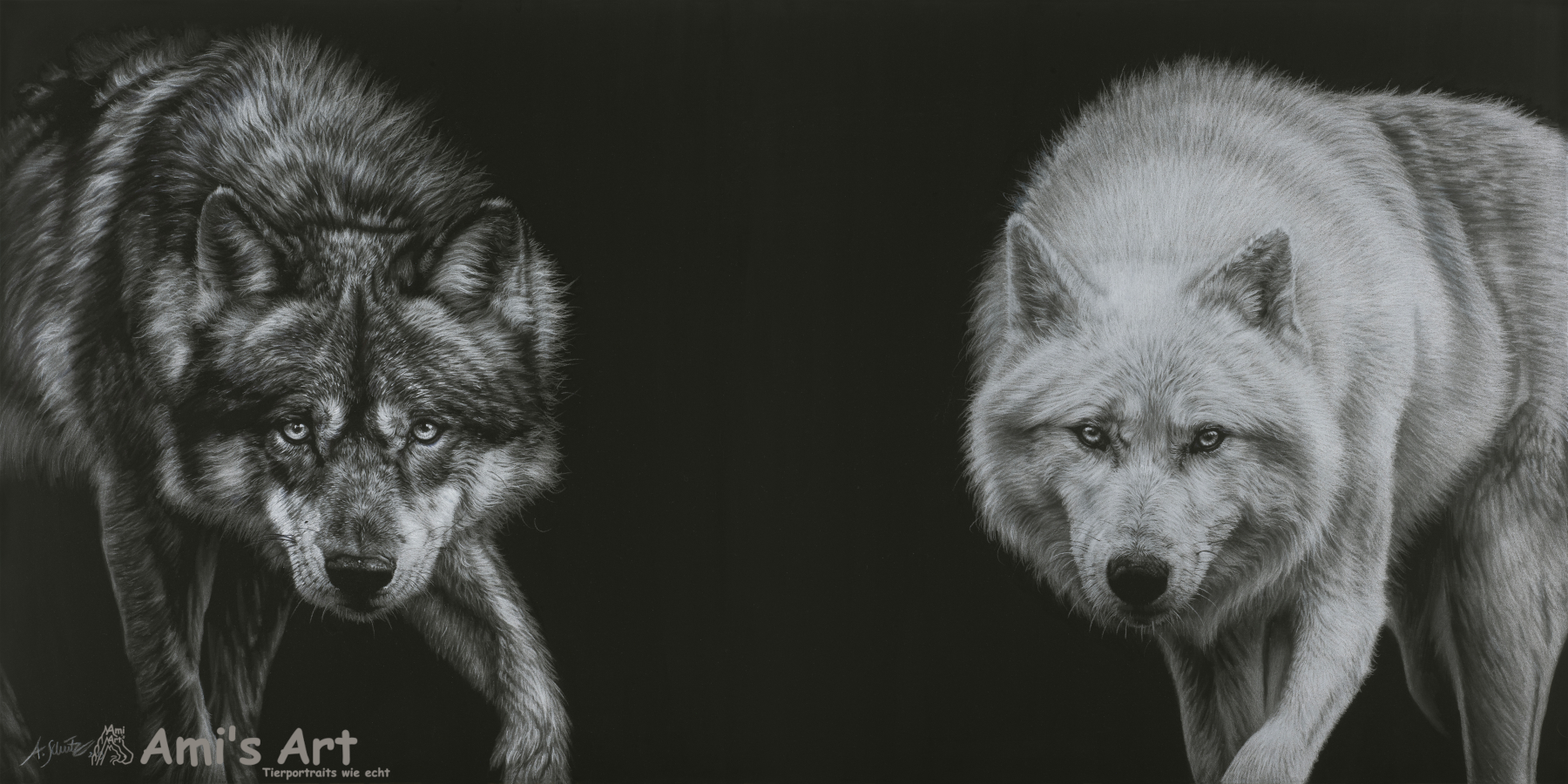 Der schwarze und der weiße Wolf, 50x100cm. Original verkauft, Fine Art Prints erhältlich!