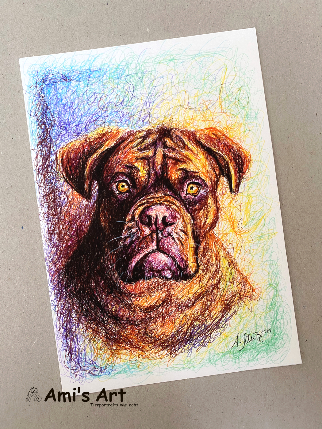 Bordeaudogge Emma, Regenbogenskizze, A5.