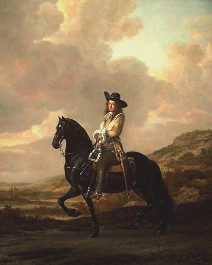 Un cheval Frison monté par Pieter Schout lors de la Cavalcade en l'honneur du Prince Guillaume d'Orange en 1660.  Thomas Keyser - peintre Hollandais