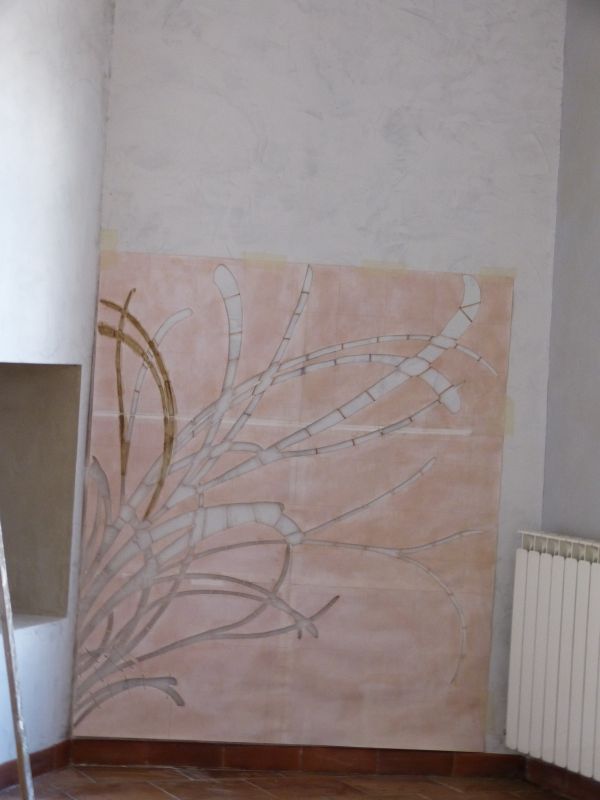 Mise en œuvre pochoir (pigments + fixateur)