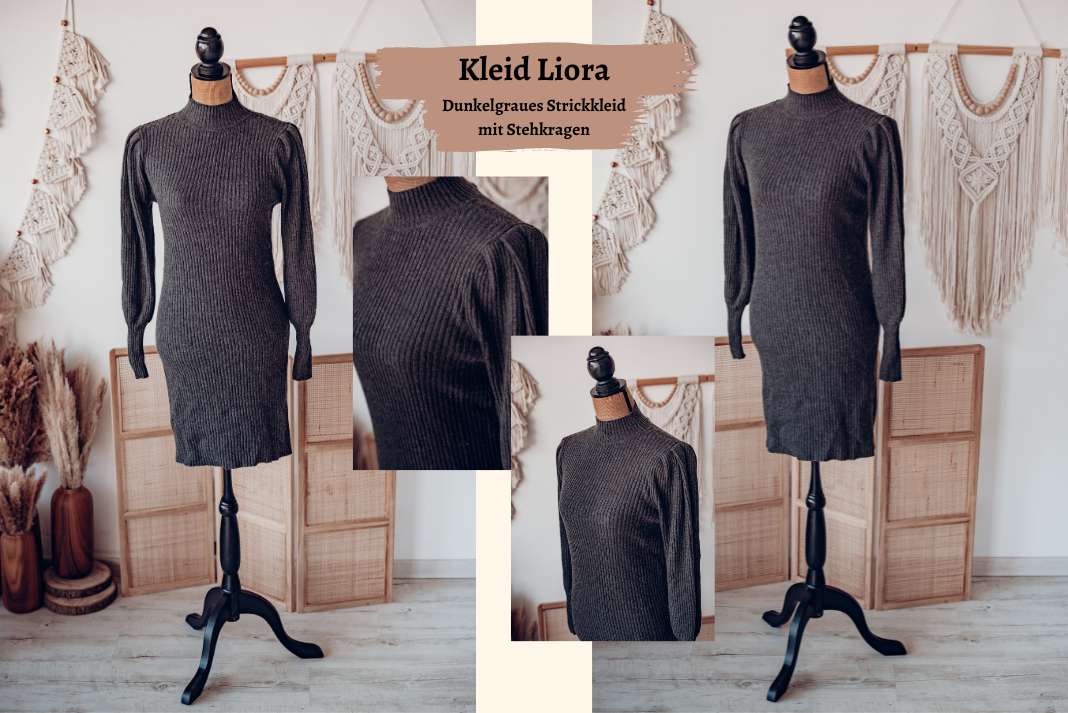 Strickkleid in Grau und Stehkragen