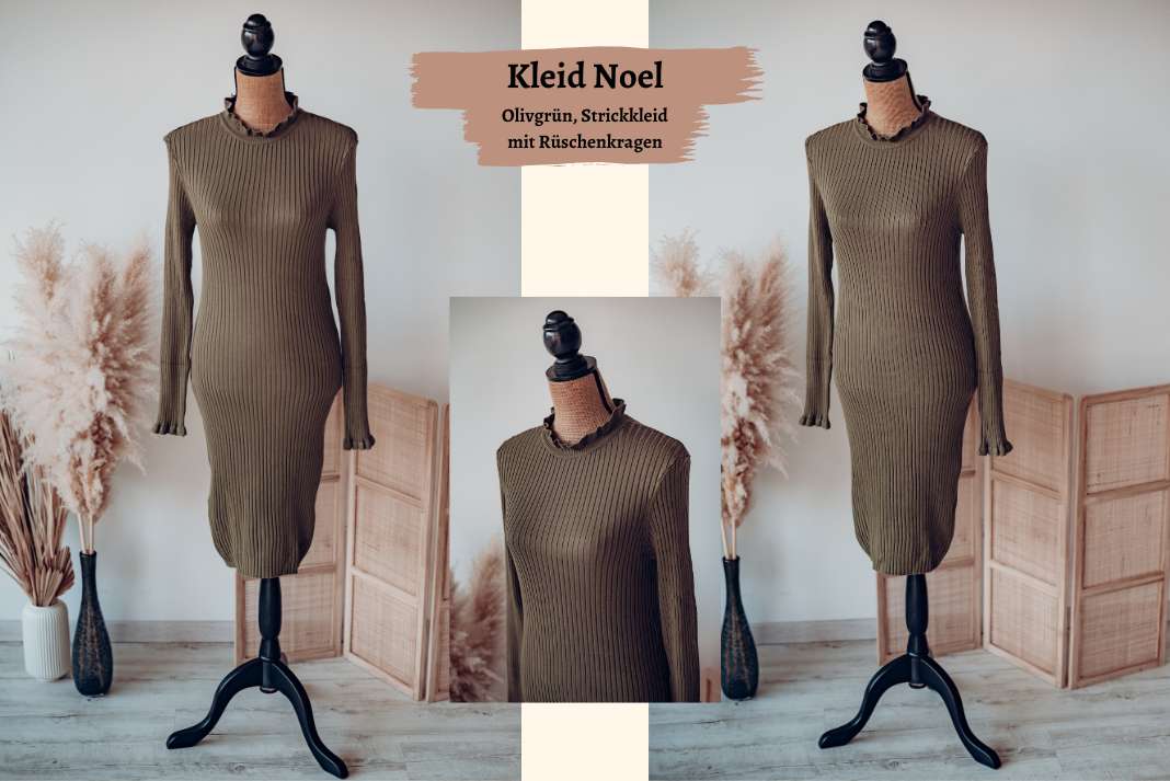 Strickkleid in Olivgrün mit Rüschenkragen