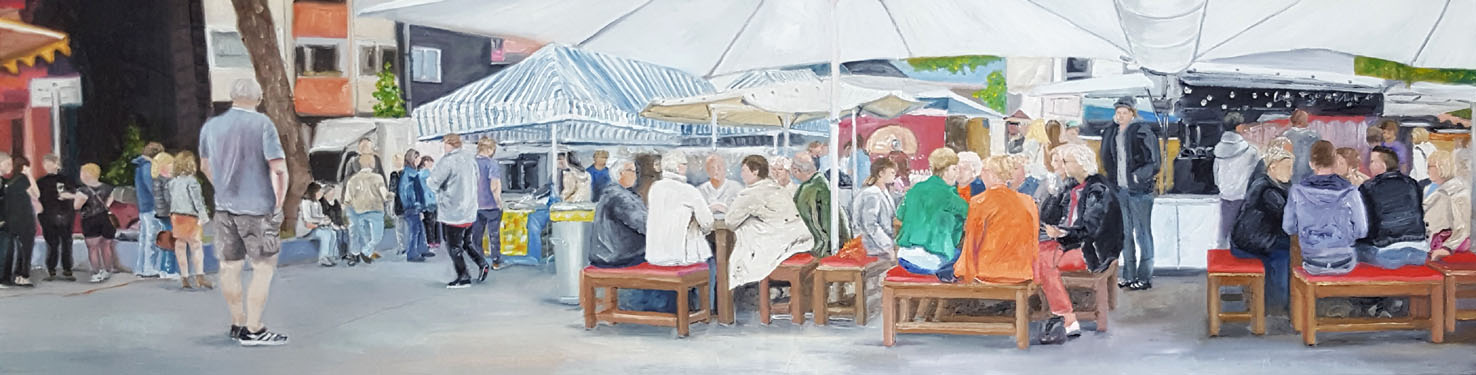 Feierabendmarkt 40 x 150 cm Öl auf Lwd