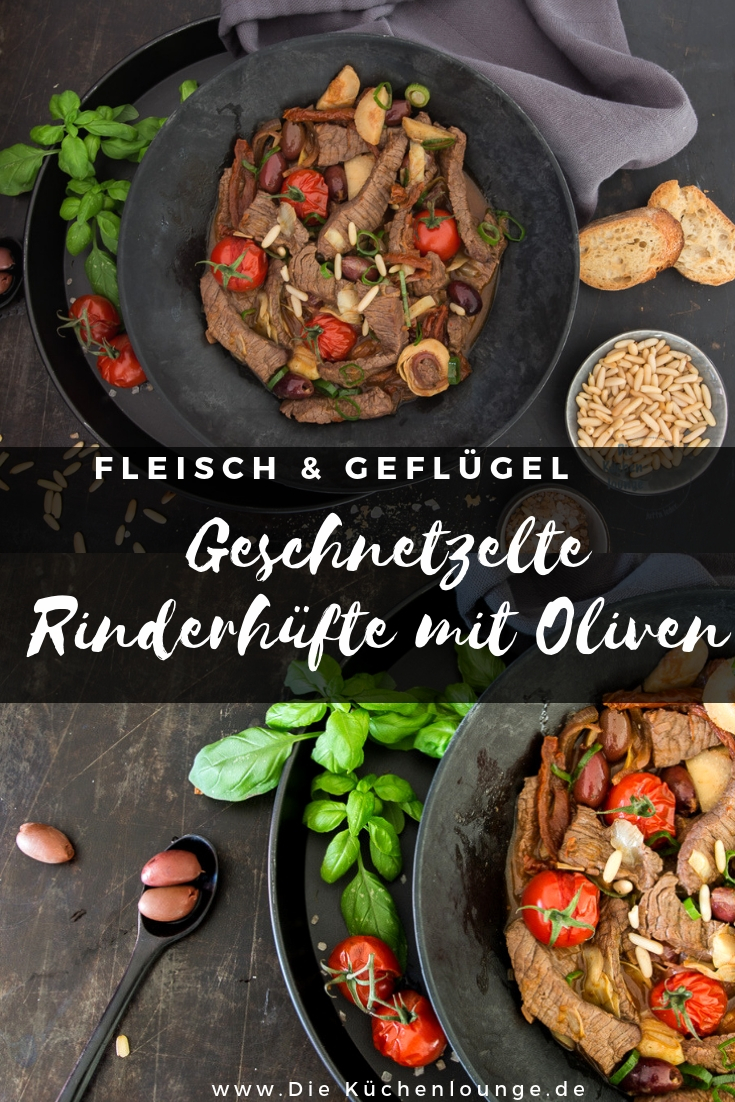 Geschnetzelte Rinderhüfte mit Oliven, Artischocken und Tomaten
