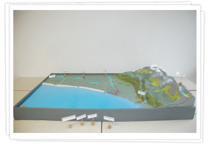 Maquette Golfe de Gascogne.  Cycle de l'eau, déchets du littoral, géographie.