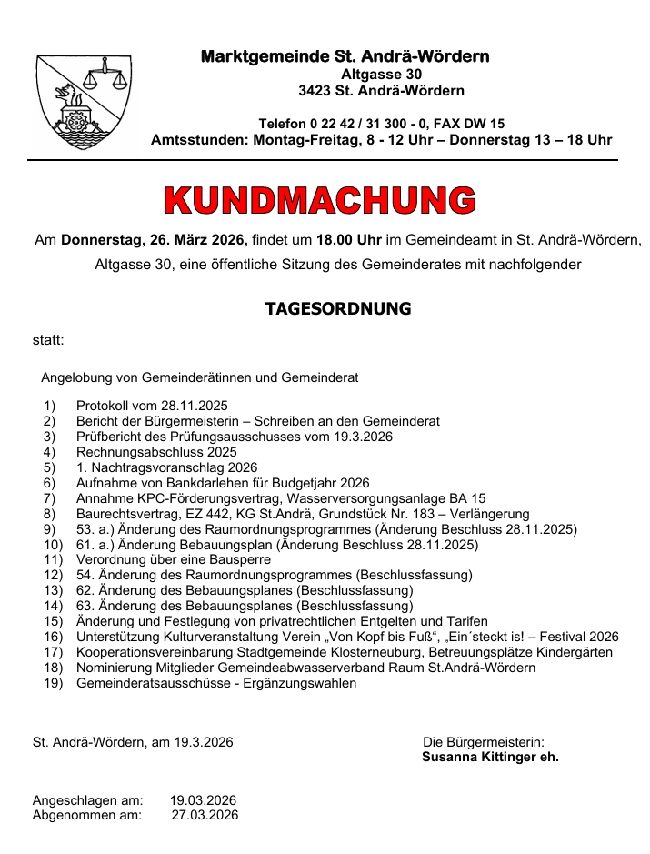 Kundmachung 26 .03.2026 Marktgemeinde St. Andrä-Wördern