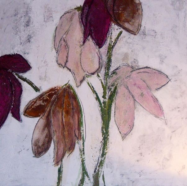 80cm x 80cm, Abstrakte Blumenwelt, Materialmix auf Leinwand