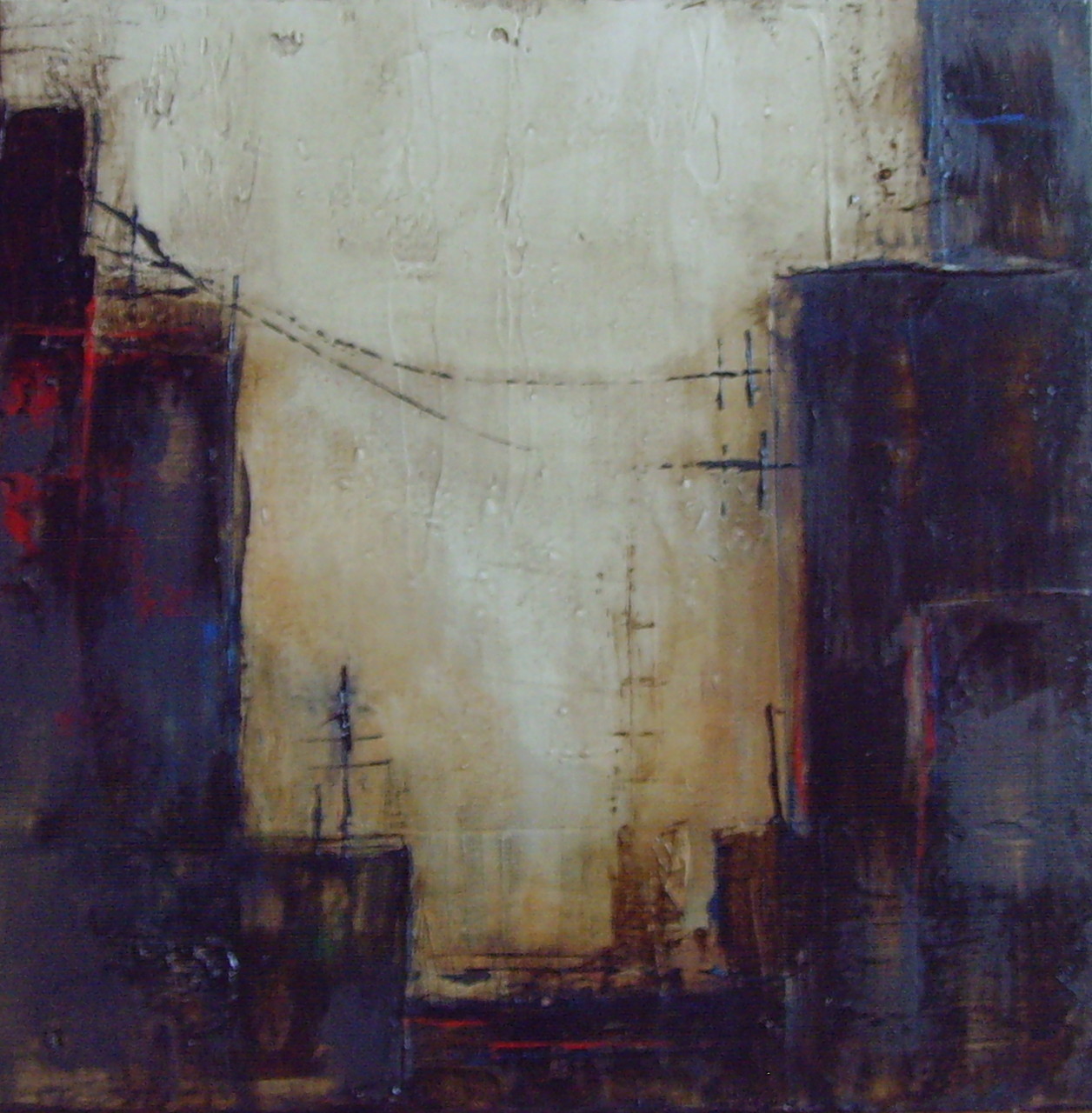 Bitumen-Häuserschlucht, 40cm x 40cm, Materialmix
