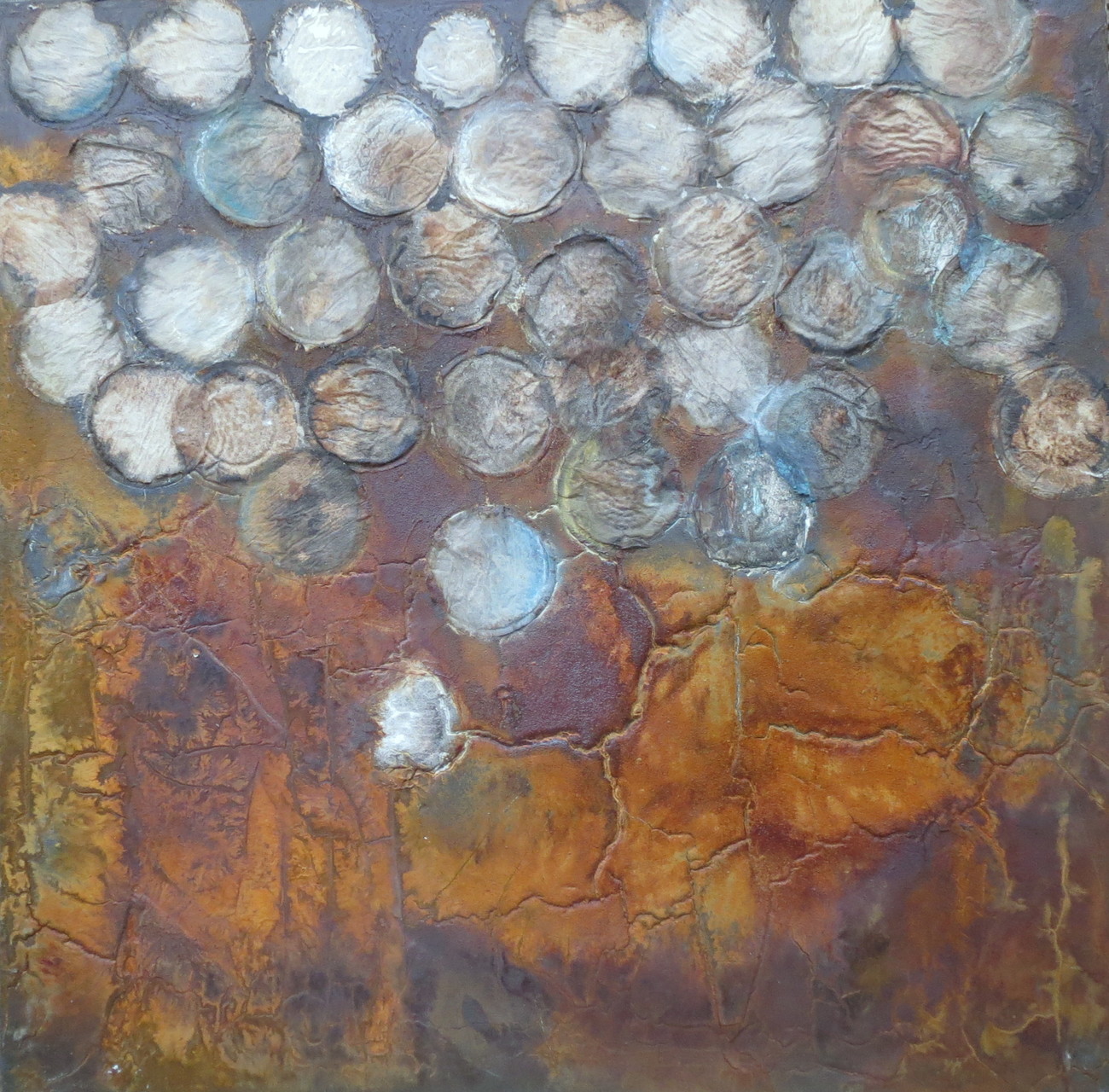 Rostiges Rumkugeln, 60cm x 60cm x 4,5cm, Mixed Media mit Rost