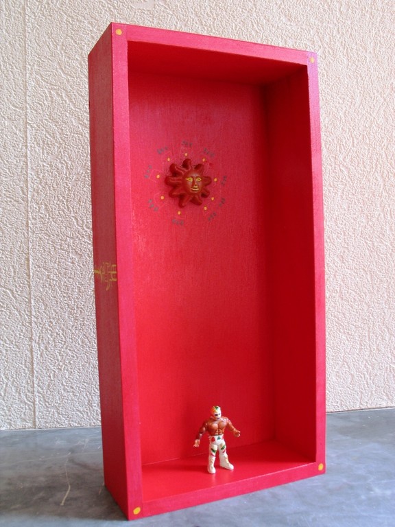 Canek (Le prince maya) 15x30 cm, caisse en bois, acrylique et figure en plastique, 2009. (Collection privée Bordeaux)