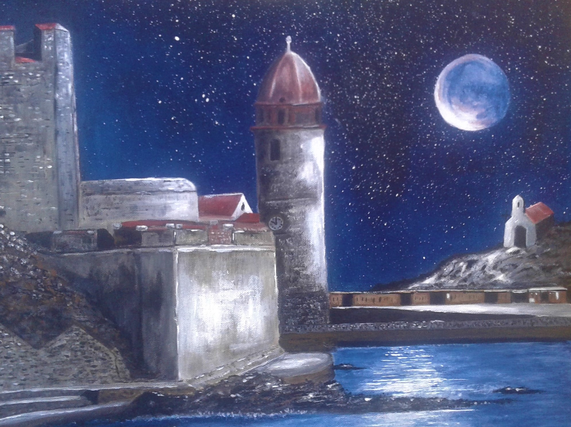 Collioure de nuit, tableau acrylique de l'artiste peintre Bernard Legros à Perpignan