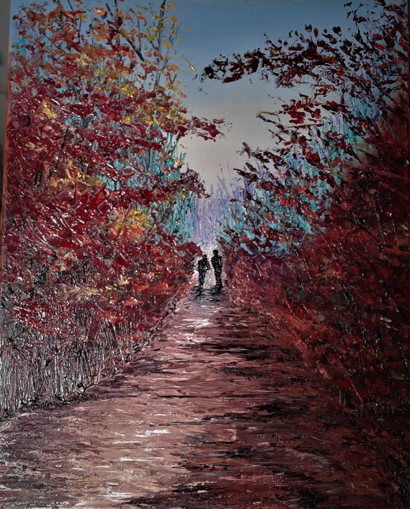 Couple dans un sous bois, peinture huile de Bernard Legros à Perpignan