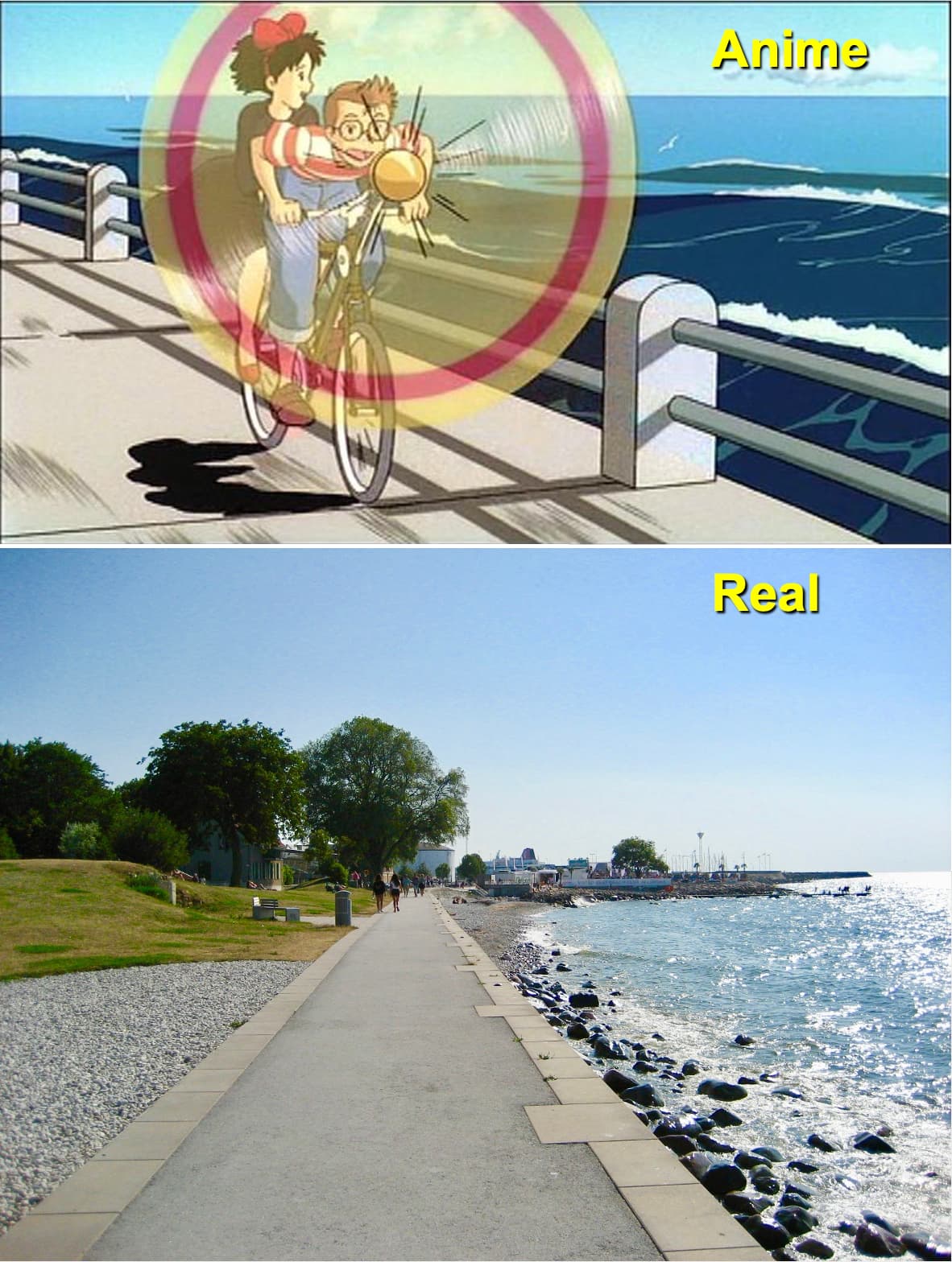 トンボが自転車で走る場所は海沿いの Visby Beach boardwalk