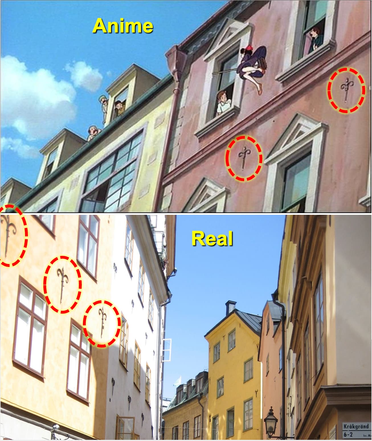 ガムラスタンの建物に取り付けられている鉄飾りはアニメの絵柄と一致する