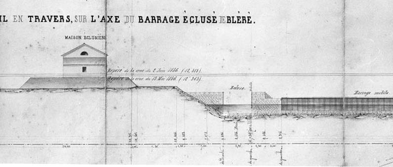 Coupe générale sur l’ensemble du barrage écluse de Bléré.