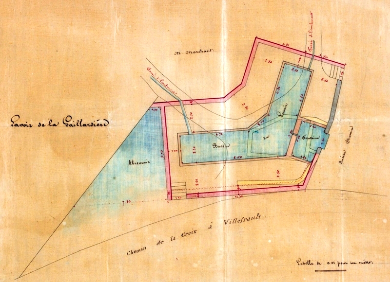 Lavoir de La Gaillardière : plan, avec abreuvoir, lavoir et fontaine. (Tours : Archives départementales d'Indre-et-Loire)