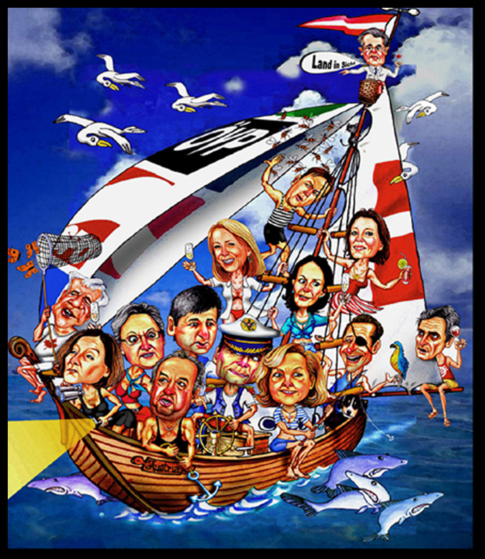 Österreichische Politiker 2016 auf einem Windjammer auf Urlaubsfahrt. Als Karikatur gezeichnet.