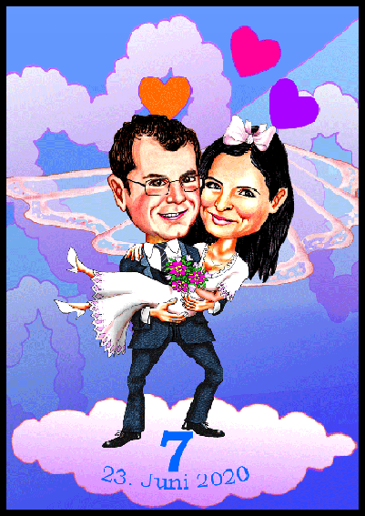 Karikatur zur Hochzeit. Brautpaar auf Wolke 7.