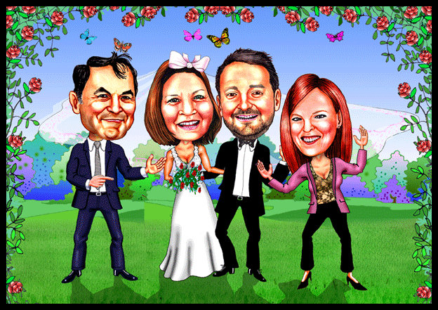 Hochzeit Karikatur zeichnen lassen , Hochzeitspaar mit Trauzeugen.