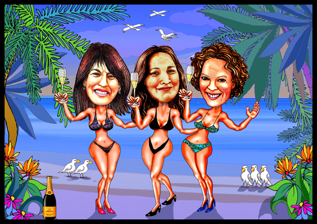 Karikaturen zeichnen lassen, drei Damen mit Champagner am Strand.