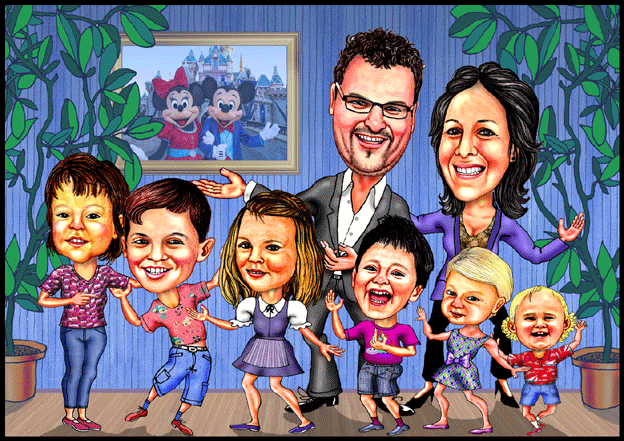 Karikatur zeichnen lassen, eine Familie mit sechs Kindern.