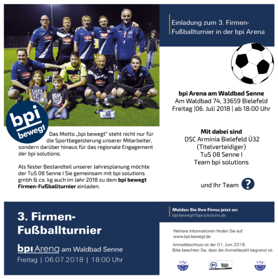 Auch in diesem Jahr findet in Kooperation zwischen dem TuS 08 Senne I Fußball und bpi solutions gmbh & co. kg ein Firmen-Fußballturnier auf dem Kunstrasen der bpi Arena am Waldbad Senne statt! Egal ob aktiv oder nur zum Schauen, Ihr seid herzlich Willkomm