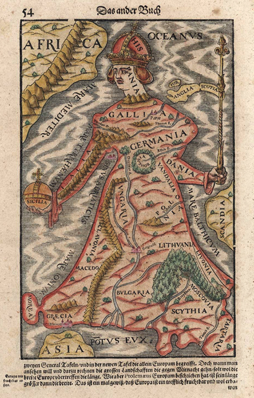 Darstellung der Königin Europa in Sebstain Munsters Cosmographia 1570