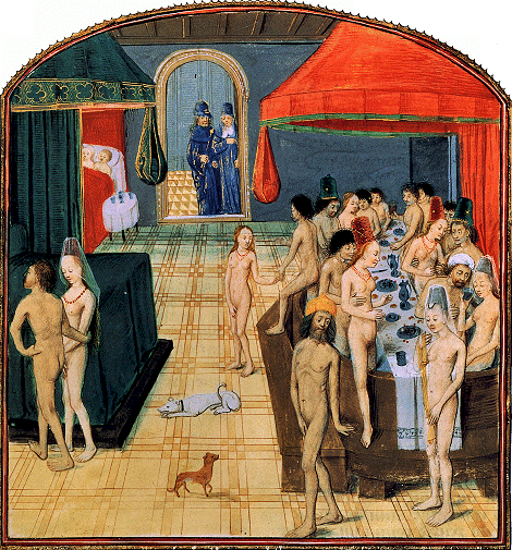 Szene aus einem Badehaus. (Abbildung aus dem Factorum Dictorumque Memorabilium des Valerius Maximus, 15. Jahrhundert)
