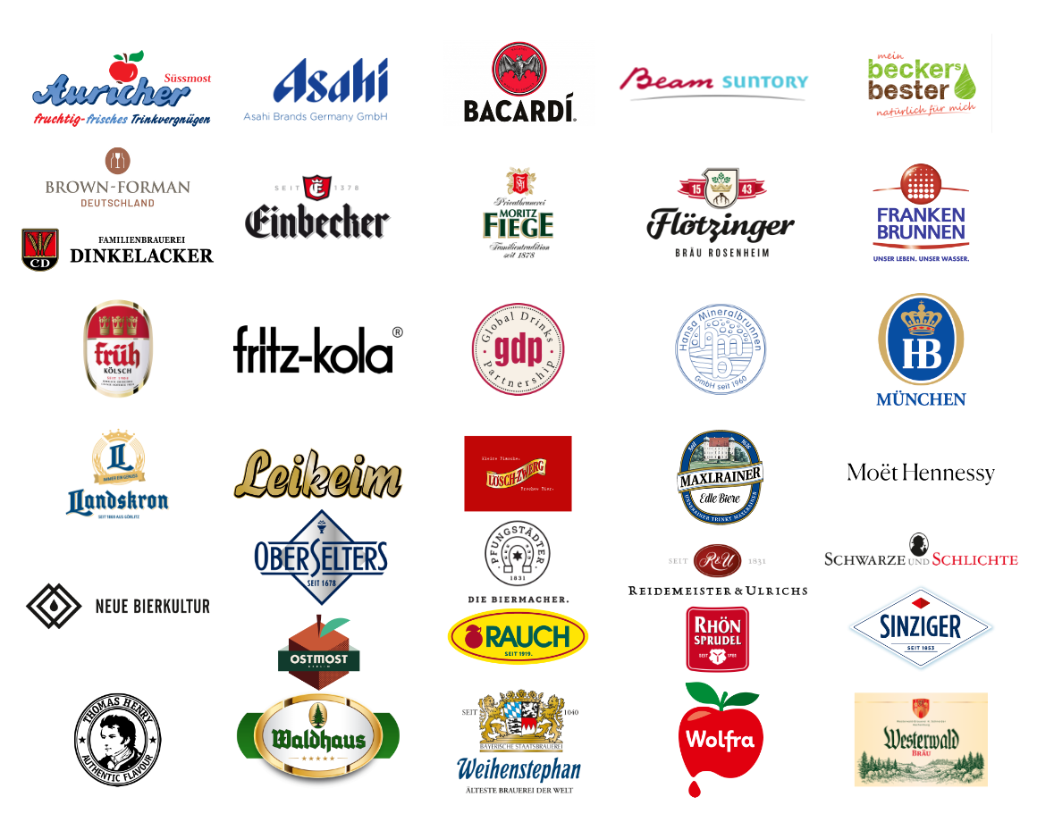 Asahi Brands Germany; Bayerische Staatsbrauerei Weihenstephan; Becker's Bester Brauhaus Altenkunstadt Andreas Leikeim; Brown-Forman; Cölner Hofbräu P. Josef Früh; Dinkelacker-Schwaben Bräu; Einbecker Brauhaus; Franken Brunnen; gdp; HANSA-HEEMANN; Landskro