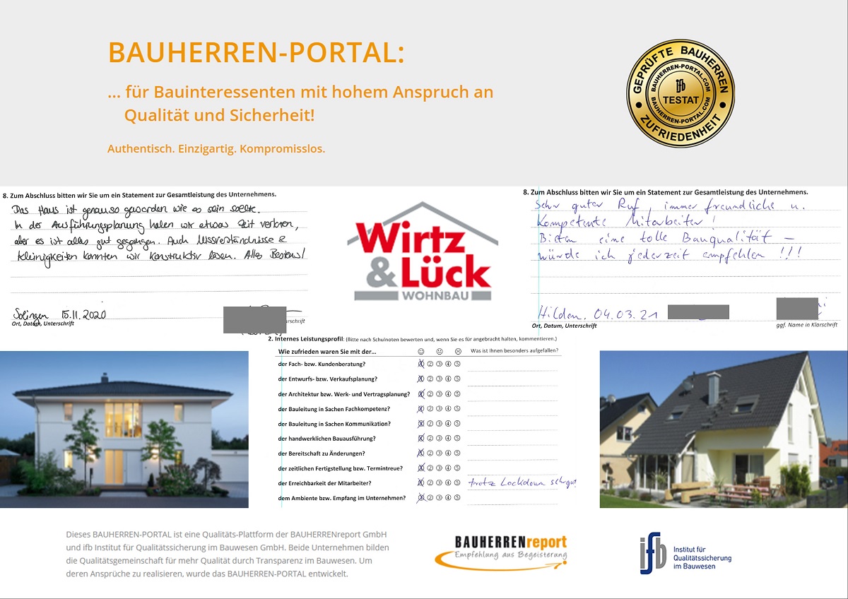 WIRTZ & LÜCK WOHNBAU GMBH auch 2021 wieder von Bauherren ausgezeichnet