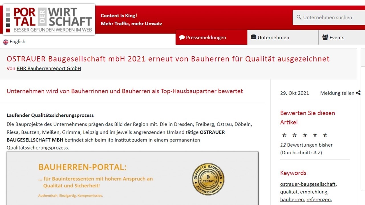 BAUHERRENreport GmbH: SEO in Bauunternehmen durch redaktionelle Qualitäts-PR