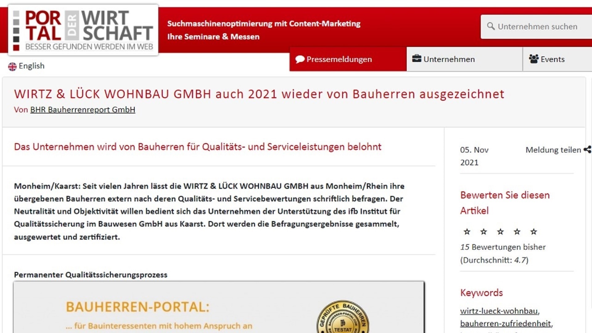 Flankierende PR-Arbeit im Internet fördert Traffic auf Homepage des Bauunternehmens