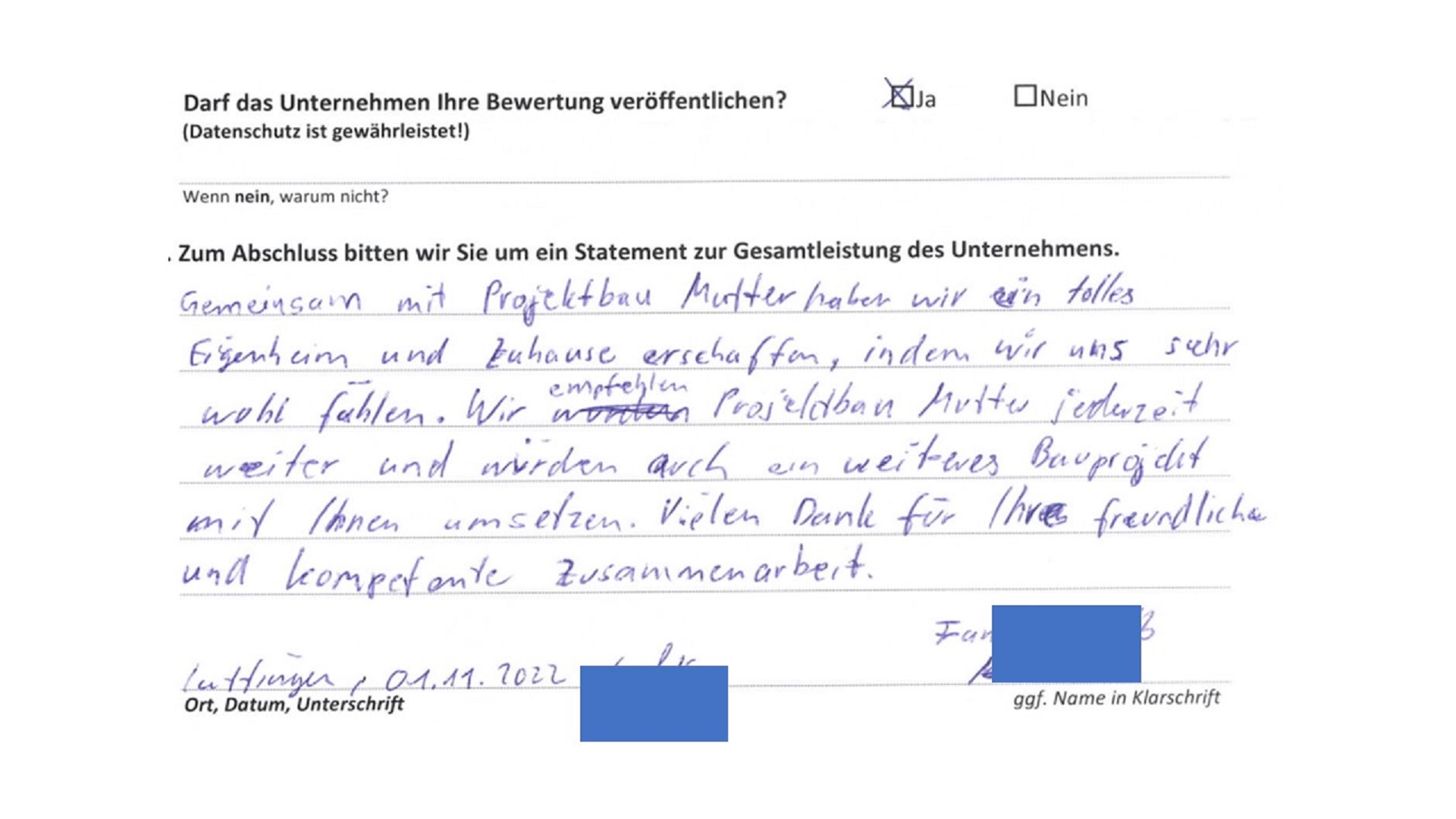 Empfehlungen von Bauherren sind überzeugende Marketingelemente in Bauunternehmen