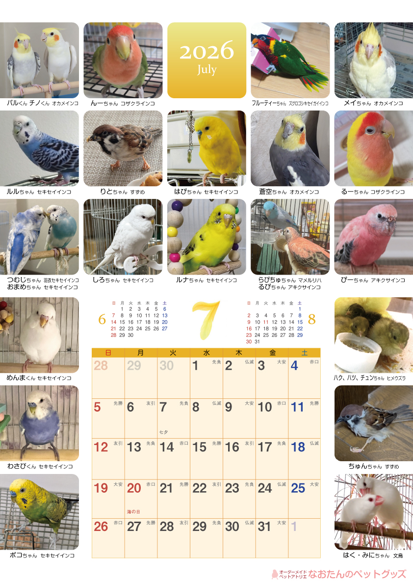 2026年鳥づくし壁掛けカレンダー7月