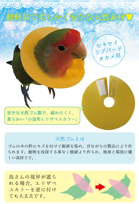 安全な天然ゴム製で、破れにくく、 柔らかい「小鳥用エリザベスカラー」。 超軽量で柔らかく、鳥さんに安全な素材を使用。 セキセイインコ、マメルリハ、ラブバード、オカメインコ用