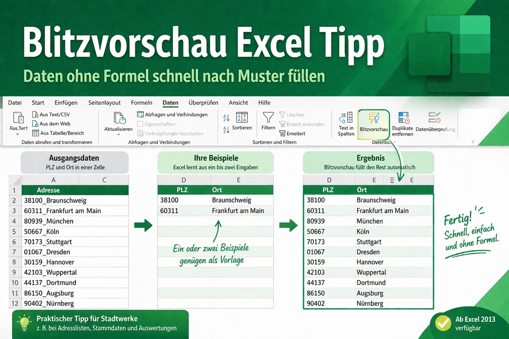 Blitzvorschau in Excel: Daten in Stadtwerke-Listen ohne Formel schnell trennen und füllen