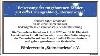Sternenwiese e. V. Kaiserslautern - Todesanzeige Beisetzung